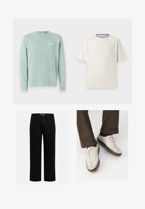 Svetlozelená mikina vyrobená z jemného materiálu, s okrúhlym výstrihom, dlhými rukávmi, rebrovanými manžetami a malým bielym logom na hrudi.; Krémové bavlnené tričko s krátkymi rukávmi, s okrúhlym výstrihom doplneným námorníckymi a bielymi pruhmi. Hladká textúra, voľný strih.; Čierne džínsové nohavice so strihom rovného nohu, klasickým dizajnom s piatimi vreckami a gombíkovým zapínaním v páse. Hladká textúra a odolná tkanina.; Béžové tenisky s textúrovanou zamšovou prednou časťou, hladkými koženými bočnými stranami a hnusou gumovou podrážkou. Obsahujú šnúrky a svetlé stehy ako detail.
