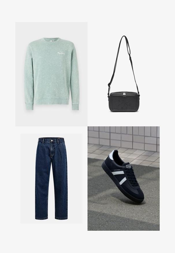 Lys grøn genser laget av myk stoff, med rund hals, lange ermer, ribbede mansjetter og en liten hvit logo på brystet.; Mørkeblå denimjeans med rett ben-design. Har synlige sømmer, knappestengning og frontfolder for ekstra detaljer.; Sorte lærersneaker med hvite striper, teksturert gummihæl og snøring foran. Har et merketikett på tungen.; Svart skinn crossover-veske med glidelås, preget logo på fronten og justerbar stropp. Glatt tekstur med rektangulær form.