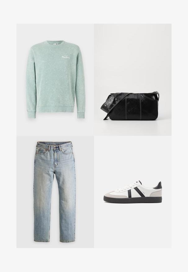 Felpa verde chiaro realizzata in tessuto morbido, con scollatura tonda, maniche lunghe, polsini a costine e un piccolo logo bianco sul petto.; Jeans in denim azzurro chiaro con vita alta, bottone anteriore, cerniera e design a cinque tasche, adagiati su uno sfondo neutro.; Sneaker bianco con accenti neri e grigi, dotata di una punta grigia testurizzata, suola in gomma nera e lacci bianchi piatti. Design pulito, stile minimalista.; Borsa a spalla in pelle nera con chiusura a zip, caratterizzata da un corpo testurizzato, cuciture bianche e una tracolla con occhielli in argento.