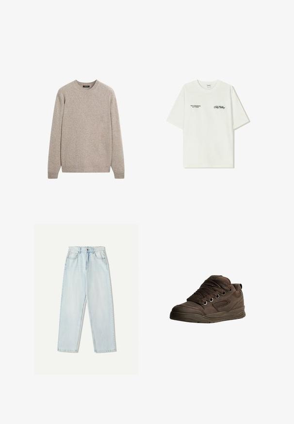 Beżowy sweter robiony na drutach z okrągłym dekoltem, długimi rękawami, prążkowanymi mankietami i dołem, z delikatną teksturą i lekkim materiałem.; Biała bawełniana koszulka z krótkim rękawem. Z przodu znajduje się czarny napis: „NIE JUTRO, NIE DZIŚ” oraz „SZTUKA RUCHU BRUDU” w zielonym skrypcie.; Jasnoniebieskie dżinsy o luźnym kroju, prostych nogawkach, pięcioma kieszeniami oraz delikatnym wyblaknięciem materiału.; Brązowe buty sportowe wykonane z gładkiego materiału syntetycznego. Oferują grube sznurówki, siateczkowe akcenty, wyściełany kołnierz oraz teksturowaną gumową podeszwę.