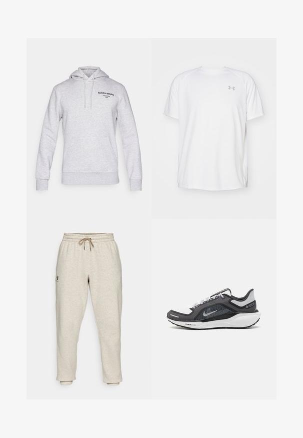 Sweatshirt cinza feito de uma mistura de algodão, apresenta um capuz com cordão, bolso frontal e detalhes de logotipo impresso em preto no peito.; Camisola atlética de mangas curtas brancas, feita de um tecido suave. Apresenta um decote redondo e um logótipo cinza no lado esquerdo do peito, com aberturas laterais na barra.; Calças de moletão bege em tecido suave e texturizado, com cintura elástica e cordão. Apresentam um logo lateral e tornozelos ajustados para um ajuste descontraído.; Sapatilha atlética preta e cinza com parte superior em malha, detalhes reflexivos e uma entressola branca. Apresenta uma sola de borracha texturizada e atacadores.