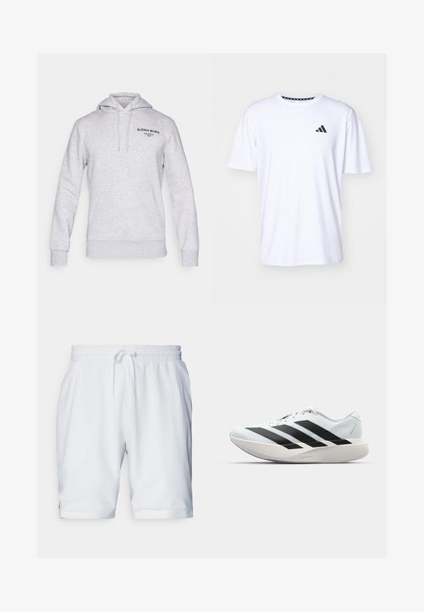 Siva kapuca iz bombažne mešanice, z vrvico za regulacijo na kapuci, sprednjim žepom in črnimi natisnjenimi logotipnimi podrobnostmi na prsih.; Bela kratka majica s kratkimi rokavi iz tkanine z gladko teksturo. Ima črn adidas logotip na levi strani prsnega koša in vzorčeno ovratnico.; Beli športni kratki hlače z elastičnim pasom in prilagodljivo vrvico. Gladko blago z rahlo teksturo, z bočnimi žepi.; Lahki tekaški čevlji v svetlo modri barvi z belimi črtami. Imajo gladek zgornji del, okroglo kapico in debel bel srednji podplat z označbo "LIGHTSTRIKE PRO."