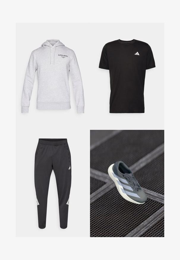 Šedá mikina s kapucňou vyrobená z kombinácie bavlny, má šnúrku na kapucni, predné vrecko a čierne potlačené logo na hrudi.; Čierne bavlnené tričko s krátkymi rukávmi, klasickým výstrihom a bielym logom na ľavej strane hrude. Hladká textúra a jednoduchý dizajn.; Čierne športové nohavice so zúženými nohavicami, elastickým pásom, bočnými vreckami a bielym logom a pruhmi. Vyrobené z hladkého, ľahkého materiálu.; Športová obuv v šedej a bielej farbe, vyrobená z umelých materiálov, s aerodynamickým dizajnom, textúrovaným povrchom a výrazným šnurovacím systémom.