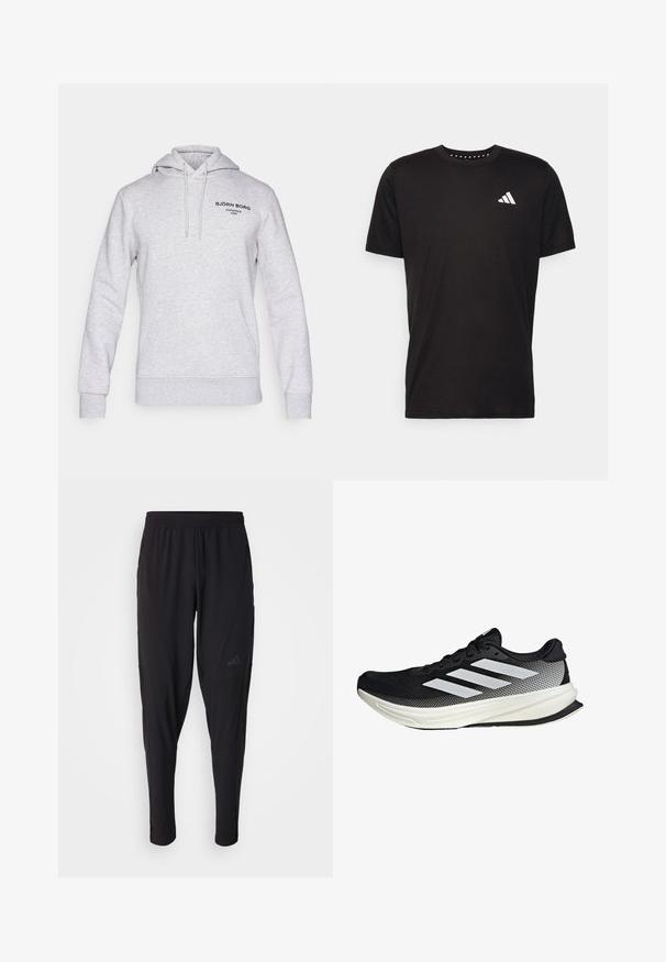 Felpa grigia in misto cotone, con cappuccio regolabile tramite cordino, tasca a marsupio frontale e dettagli del logo stampato in nero sul petto.; T-shirt in cotone nero con maniche corte, scollo rotondo e logo bianco sul lato sinistro del petto. Texture liscia e design semplice.; Pantaloni sportivi neri con vita elastica, design affusolato, tasche laterali e dettagli logo discreti. Realizzati in tessuto flessibile e traspirante.; Scarpa sportiva nera con design in rete, caratterizzata da strisce bianche, punta arrotondata e suola testurizzata per aderenza e supporto.