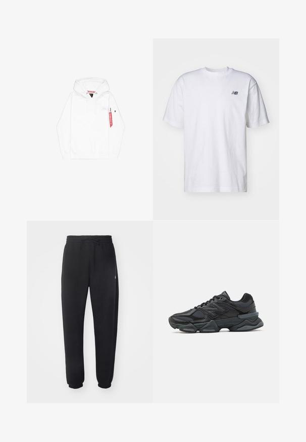 Felpa bianca con tasca frontale, cappuccio con cordino e tasca laterale con zip. Presenta un piccolo logo sul petto e un'etichetta in tessuto rossa.; T-shirt bianco a maniche corte con scollo rotondo e piccolo logo nero New Balance sul lato sinistro del petto, su uno sfondo neutro.; Pantaloni della tuta neri realizzati in materiale morbido con vita elastica, coulisse e polsini aderenti, caratterizzati da un logo sottile sul lato.; Scarpa da corsa nera con una combinazione di materiali in rete e sintetici, suola spessa, design curvo e marchio ben visibile sul lato.