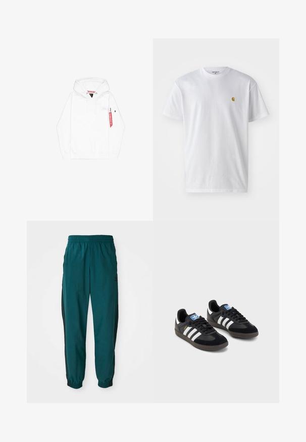 Balta kapucēta jakas mikrofibra ar priekšējo kabatu, aukliņu un sānu rāvējslēdzēja kabatu. Uz krūtīm ir neliels logotips un sarkans auduma birku.; Balta kokvilnas t-kreklu ar īsām piedurknēm, apaļu kakla izgriezumu, ar mazu zelta logotipu kreisajā krūšu pusē. Mīksta tekstūra un regulāra piegriezuma.; Gaiši zili sporta bikses ar savelkamo jostu, elastīgām aprocēm un melnām svītrām sānos. Izgatavotas no viegla auduma, ar logo tuvu gurnam.; Melnas sporta apavas ar zamšādas un sintētisku augšdaļu, ar trim baltām svītrām, teksturētu gumijas zoli un zilu logo birku uz mēles.