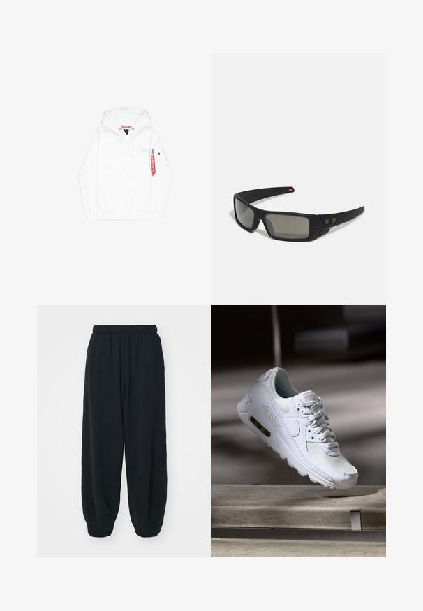 Witte hoodie met een voorzak, een capuchon met trekkoord en een zijzak met rits. Heeft een klein logo op de borst en een rode stoffen label.; Zwarte, elastiche sweatpants met een losse pasvorm, manchetten aan de enkels, een zachte textuur en zonder zichtbare patronen of hardwareaccenten.; Witte Nike Air Max 90 sneaker met een bovenwerk van mesh en leer, een geperforeerde teenbox en een zichtbare luchtunit in de hiel.; Zwarte zonnebril met een matte afwerking, rechthoekige glazen, een lichte kromming op de slapen, subtiele logodetails en rookgetinte glazen.