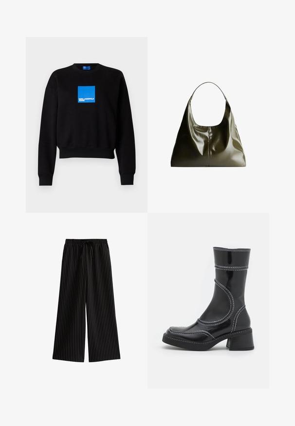 Czarna bluza z krótkim krojem, z niebieskim kwadratowym logo zawierającym napis "KARL LAGERFELD JEANS". Wykonana z miękkiej mieszanki bawełny.; Czarne spodnie o szerokich nogawkach w białe pionowe paski, z elastycznym paskiem w talii i sznurkiem do regulacji. Gładka faktura materiału, casualowy design.; Czarne lakierowane botki za kostkę z białym przeszyciem, okrągłym noskiem i słupkowym obcasem. Posiadają zakrzywione linie designu oraz gładką teksturę.; Oliwkowa, skórzana torba na ramię o gładkim, błyszczącym wykończeniu. Posiada zaokrąglony wierzch i miękki, zwisający kształt. Minimalistyczny design.