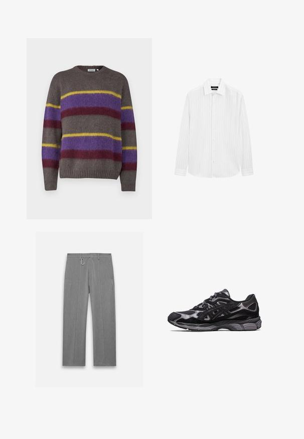 Brązowy, dziany sweter z poziomymi paskami w kolorach fioletowym, bordowym i żółtym. Ma okrągły dekolt oraz prążkowane mankiety i dół.; Biała koszula z długim rękawem, zapinana na guziki, z delikatnym wzorem w paski, klasycznym kołnierzykiem i zaokrąglonym dołem. Wykonana z lekkiego materiału.; Szare dopasowane spodnie o teksturowanym wykończeniu. Posiadają zamek błyskawiczny z przodu, boczne kieszenie oraz akcenty ze srebrnego metalu. Prosta nogawka.; Czarny but sportowy z siateczkową i zamszową cholewką, wyróżniający się teksturowanym wzorem oraz solidną, amortyzującą szaro-skalą podeszwą.