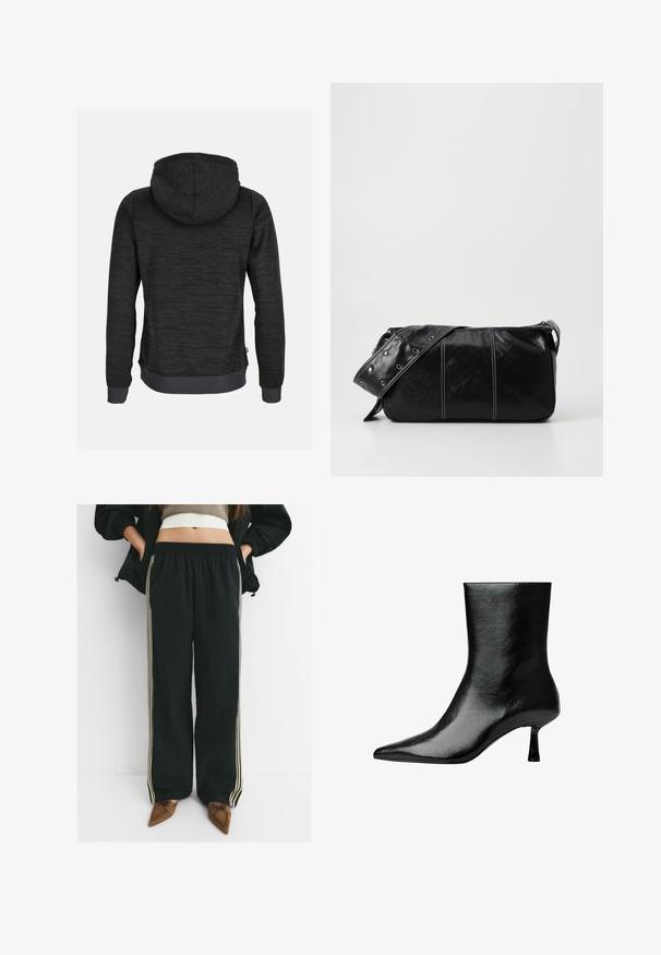 Felpa con cappuccio grigio scuro in tessuto testurizzato, con cappuccio regolabile tramite un cordino, polsini e orlo a costine, caratterizzata da una piccola etichetta del logo sul lato.; Pantaloni jogger neri, larghi, con vita elastica e tasche laterali, caratterizzati da strisce a contrasto di un beige chiaro lungo le gambe.; Stivale nero alla caviglia in pelle lucida con punta affusolata e tacco sottile, caratterizzato da una superficie liscia e un design minimalista.; Borsa a spalla in pelle nera con chiusura a zip, caratterizzata da un corpo testurizzato, cuciture bianche e una tracolla con occhielli in argento.