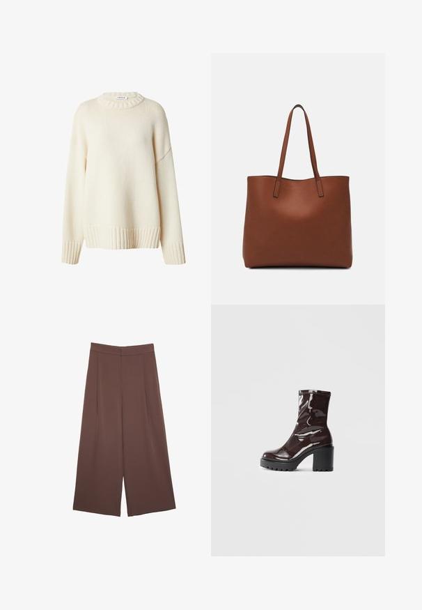 EDITED Trui - weiß; Bruine wijde broek met een gladde textuur, voorzien van een hoge taille en plooien aan de voorkant. De stof is lichtgewicht en valt losjes.; Glanzende bordeauxrode enkelboot met een chunky zwarte hak, met een gladde textuur en een eenvoudig ontwerp. Geen zichtbare sluitingen of patronen.; Bruine leren tote bag met een gladde textuur, een ontwerp met een open bovenkant en twee schouderbanden. Kenmerkt zich door minimale stiksels en geen zichtbare hardware.