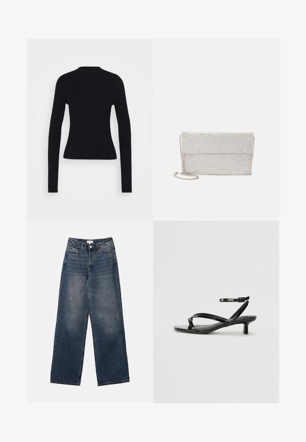 Fekete bordázott, hosszú ujjú felső, testhez simuló szabással, magas nyakkivágással és sima textúrával, keskeny ujjakkal és látható fémrészek nélkül.; Férfi, magas derekú, kék farmernadrág széles lábakkal, elülső gombbal és cipzárral, valamint elülső és hátsó zsebekkel.; Fekete lakkbőr szandál alacsony sarkú kivitelben, keresztbe tett pántokkal és állítható bokaheggyel. Simább, fényes felület.; Ezüst hálós clutch táska textúrált, szőtt mintázattal, hajtótetővel és levehető lánc pánttal a könnyű hordozhatóság érdekében.