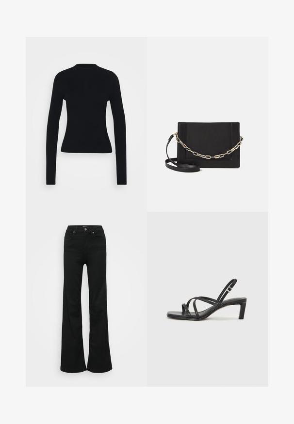 Schwarz geripptes Langarmoberteil mit tailliertem Schnitt, hohem Hals und glatter Textur, mit schmalen Ärmeln und ohne sichtbare Hardware.; Schwarze, ausgestellte Jeans aus Denim, mit hoher Taille, fünf Taschen und Metallknopfverschluss. Glatte Textur mit minimaler Gestaltung.; Schwarze Sandale mit Riemchen, quadratischer Zehenform und niedrigem Blockabsatz. Verfügt über mehrere dünne Riemen und einen verstellbaren Knöchelriemen. Hergestellt aus glattem Leder.; Schwarze Leder-Crossbody-Tasche mit glatter Textur, rechteckiger Form und metallic-kettendetail auf der Vorderseite. Verstellbarer Gurt inklusive.