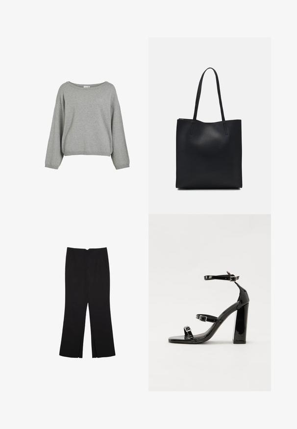 Szary sweter robiony na drutach o luźnym kroju, szerokim dekolcie i długich rękawach. ściągacze u dołu i na mankietach. Miękka tekstura o minimalistycznym designie.; Czarne spodnie o prostym kroju, z przednimi kieszeniami i bocznymi rozcięciami na dole. Wykonane z miękkiego, gładkiego materiału. Odpowiednie na różne okazje.; Czarne lakierowane sandały na obcasie z kwadratowym noskiem, z paskami wokół kostki i srebrnymi klamrami. Posiadają masywny słupek dla stabilności.; Czarna skórzana torba tote o gładkiej fakturze, prostokątnym kształcie i dwóch długich uchwytach. Brak widocznych elementów metalowych i ozdób.