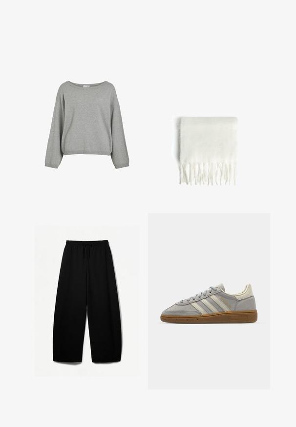 Szürke kötött pulóver laza szabással, széles nyakkivágással és hosszú ujjal. Szegett aljal és mandzsettával. Puha textura minimalista dizájnnal.; Fekete, bő szárú nadrág rugalmas derékkal és húzózsinórral. Puha anyag, sima felülettel. Egyenes szabás, oldalsó varrással.; Szürke velúr sportcipők világosszürke bőr csíkkal és gumi talppal. Jellemzői közé tartozik a fűzős záródás és a diszkrét logó a nyelvén.; Fehér fóliás sál frufrus szélekkel, puha textúrával és téglalap alakú. Rétegezésre és melegség biztosítására alkalmas.
