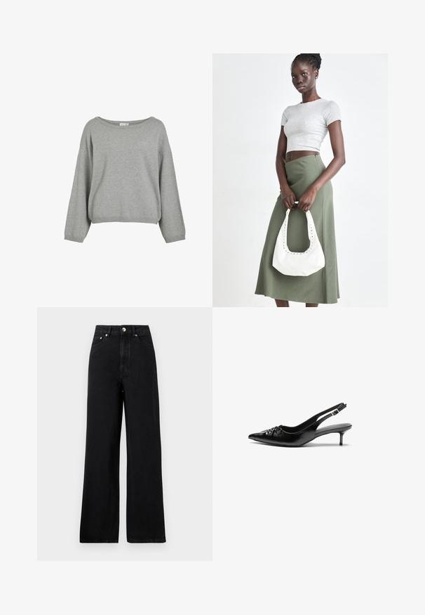 Pull en maille gris avec une coupe décontractée, un large col et des manches longues. Ourlet et poignets côtelés. Texture douce avec un design minimaliste.; Jean en denim noir taille haute avec une coupe large, comportant cinq poches et des accents en métal argenté. Texture lisse dans l'ensemble.; Des escarpins en cuir noir à talon slingback, avec un bout pointu, un petit talon kitten et un détail de nœud décoratif à l'avant. Texture lisse sur toute la surface.; Top court rayé gris et jupe taille haute verte olive. Le mannequin tient un sac à bandoulière blanc avec des découpes. Design simple, silhouette ajustée.