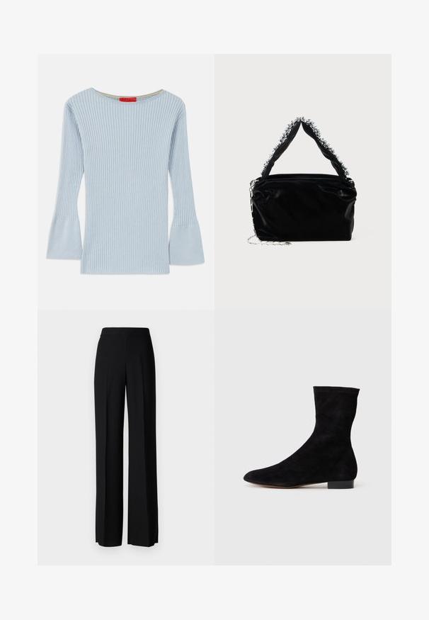 Top en tricot côtelé bleu clair avec un décolleté bateau et des manches évasées. Présente une texture subtile et un accent intérieur jaune au niveau du col.; Pantalons noirs à jambes larges avec une texture lisse, dotés d'une taille haute et de plis centraux. Pas de motifs visibles ni de détails en matériel.; Bottine en suede noir avec une tige ajustée, un bout pointu et un petit talon bloc. Texture lisse et design minimaliste, adaptée à un styling polyvalent.; Sac à main en simili cuir noir avec une finition texturée, doté d'un accent en perles argentées le long de la anse supérieure et d'une bandoulière en chaîne.