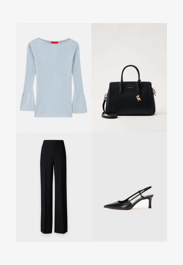 Lichtblauw, geribbeld gebreid topje met een boot-uitgesneden hals en uitlopende mouwen. Heeft een subtiele textuur en een gele accent aan de binnenkant van de kraag.; Zwarte wijde broek met een gladde textuur, voorzien van een hoge tailleband en middelste plooien. Geen zichtbare patronen of hardware-details.; Zwart patent slingback hak met een spitse neus, voorzien van een gestructureerde slangenprint, verstelbare band en een korte, gestructureerde blokhak.; Zwarte leren handtas met gestructureerd ontwerp, dubbele handvatten aan de bovenkant, afneembare schouderband, gouden hardware en een logo charm accent.