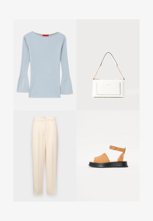 Lys blå, ribbet strikket topp med båtutringning og vide ermer. Har en subtil tekstur og en indre gul detalj ved kragen.; Beige skreddersydde bukser med rett passform, med folder foran, en glatt tekstur og midjehøyde. Ingen synlige lommer.; Brune lær sandaler med bred forkant, åpen tå, justerbar stropp og tykk sort plattformsåle. Glatt tekstur og minimalistisk design.; Hvit lærveske med teksturert overflate, utstyrt med gullkjede for å bære over skulderen og svarte detaljer. Inkluderer en frontlomme og glidelås.