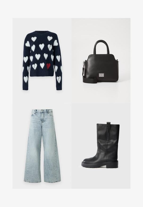 Marineblauer Pullover aus flauschigem Material, mit einem Muster aus weißen und einem roten Herz. Runder Halsausschnitt, lange Ärmel, cropped Design.; Helle blaue weite Denim-Jeans mit hohem Bund, ausgestattet mit einem Knopfverschluss, fünf Taschen und fransigen Saumdetails.; Schwarze Lederstiefel bis zum Knie mit schlankem Design, ausgestattet mit einer dicken Sohle und einem seitlichen Zugschlauf für ein einfaches Anziehen. Auffällige Nähte.; Schwarze synthetische Handtasche mit oberen Griffen, abnehmbarem Schultergurt, runder Form, glatter Textur und silbernem Logo-Akzent auf der Vorderseite.