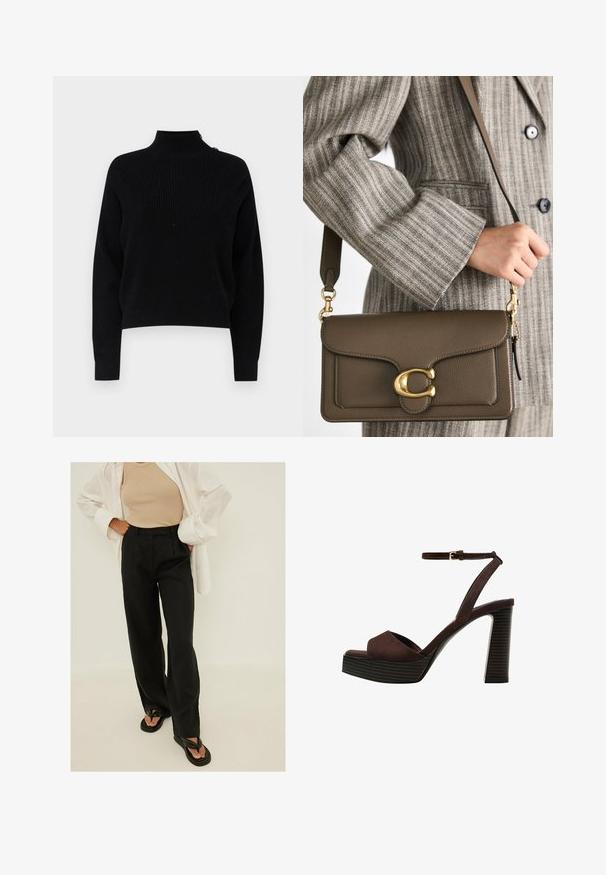 Čierny pletený rolák s dlhými rukávmi a skráteným strihom. Vyznačuje sa detailom gombíka na ramene pre dodatočný dizajn.; Čierne vysoké nohavice so širokými nohavicami, vyrobené z ľahkej tkaniny, s prednými plisovaniami a hladkou textúrou. Skombinované s jednoduchými čiernymi šlapkami.; Hnedé semišové sandále na vysokom podpätku s otvorenou špičkou, nastaviteľným členkovým remienkom a pruhovanou platformovou podrážkou.; COACH TABBY SHOULDER BAG 26 - Kabelka - dark stone