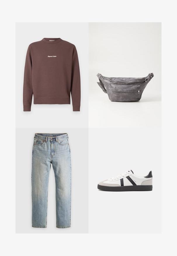 Felpa marrone con collo a giro, orlo e polsini a coste. Presenta una scritta ricamata bianca "Original Studio" sul petto. Materiale misto cotone.; Jeans in denim azzurro chiaro con vita alta, bottone anteriore, cerniera e design a cinque tasche, adagiati su uno sfondo neutro.; Sneaker bianco con accenti neri e grigi, dotata di una punta grigia testurizzata, suola in gomma nera e lacci bianchi piatti. Design pulito, stile minimalista.; Fanny pack in suede grigio con forma arrotondata, due scomparti con cerniera e tracolla regolabile. Presenta dettagli in metallo.