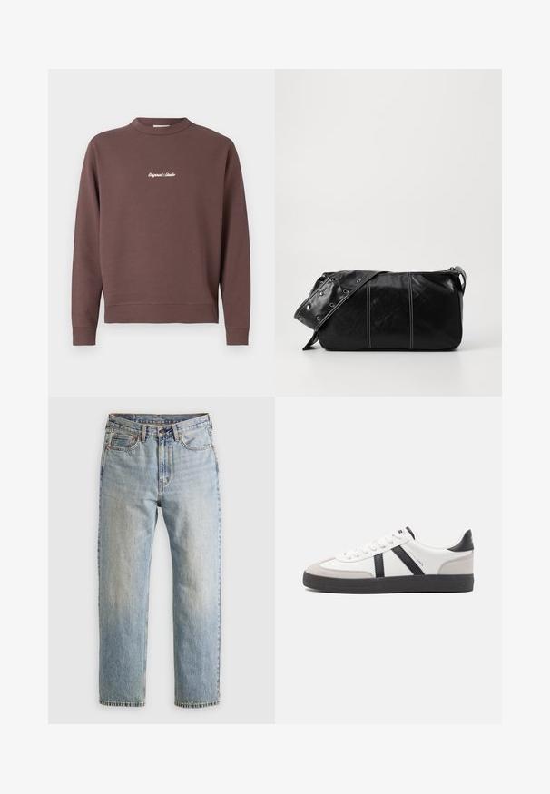 Brown sweatshirt with a crew neck, ribbed hem and cuffs. Features white embroidered text "Original Studio" on the chest. Cotton blend material.; Light blue denim jeans with high waist, front button, zipper, and five-pocket design, laid flat on a neutral background.; White sneaker with black and gray accents, featuring a textured gray toe cap, black rubber sole, and flat white laces. Clean design, minimalist style.; Black leather shoulder bag with a zip closure, featuring a textured body, white stitching, and a strap with silver grommets.