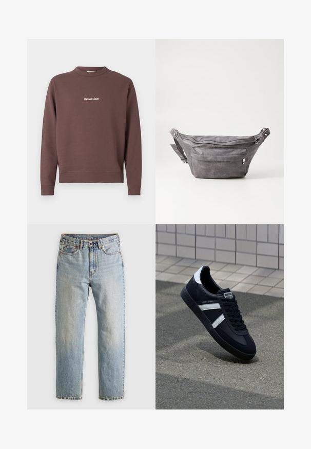 Brun genser med rund hals, ribbestrikket nederkant og mansjetter. Har hvit brodert tekst "Original Studio" på brystet. Laget av bomullsblanding.; Lys blå denim jeans med høy midje, frontknapp, glidelås og fem-lommers design, lagt flatt på en nøytral bakgrunn.; Sorte lærersneaker med hvite striper, teksturert gummihæl og snøring foran. Har et merketikett på tungen.; Grå semsket fanny pack med avrundet form, to glidelåslommer og justerbar stropp. Har metallbeslag som detaljer.