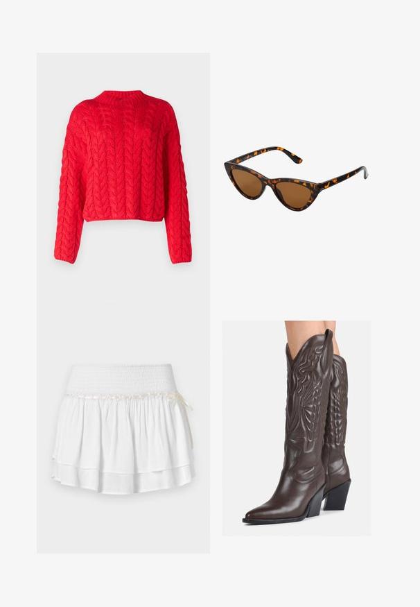 Sarkans džemperis ar augstu apkakli, garām piedurknēm un īsu apakšu. Bieza tekstūra ar paceltiem, savstarpēji savienotiem rakstiem visā virsmā.; Balta daudzslāņu svārku ar elastīgu jostu, ar teksturētu smokošanas detaļu un dekoratīvu lentu. Kokvilnas audums.; Brūni ādas kovboju zābaki ar norādītu purngalu un blokveida papēdi, ar detalizētu šūšanu un paceltiem akcentiem uz kājas daļas.; Kaķa acs saulesbrilles ar melnu un oranžu bruņurupuču rakstu rāmi, brūnām lēcām un elegantiem, norādītiem galiem. Rāmī ir minimālists logos uz tempļa.; Sieviete ar garām tumšām matiem, ģērbusies melnā uzvalkā, nēsā melnu ādas plecu somu un skatās pāri plecam uz balta fona.