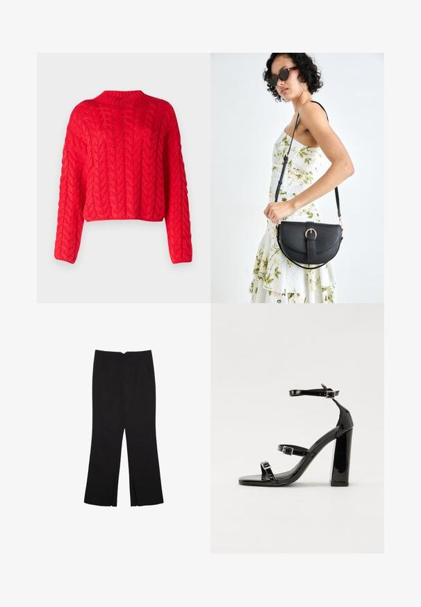 Červený svetr z pleteniny s vysokým výstřihem, dlouhými rukávy a zkráceným lemem. Silná struktura s vystouplými, zaklesnutými vzory po celé ploše.; Černé kalhoty s rovným střihem, s předními kapsami a bočními rozparky na lemu. Vyrobené z jemné, hladké tkaniny. Vhodné na různé příležitosti.; Černé lakované sandály na podpatku se čtveratou špičkou, lýtkovými pásky a stříbrnými přezkami. Disponují masivním blokovým podpatkem pro stabilitu.; Černá kožená kabelka s křivkovým tvarem, odnímatelným popruhem a zlatými detaily. Kabelka má klopu s přezkou.