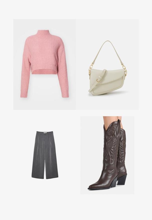 Aware VMMARS HIGH NECK CROPPED - Pulover - desert sand; Nabrane hlače širokega kroja v temnosivi tkanini z diskretno teksturo. Opremljene so z gumbom za zapiranje in klasičnim oblikovanjem pasu.; Rjave usnjene kavbojske čevlje z ostrim nosom in blok peto, ki vsebujejo podrobno šivanje in dvignjene dodatke na zgornjem delu.; Mala kremna torbica z teksturiranim zaključkom, dolgim nastavljivim trakom, verižnim poudarkom in zapiranjem na poklop. Detajli iz zlatega kovinskega materiala.