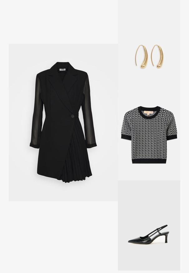 Fekete, rövid ujjú pulóver, fehér szőtt nyílmintával. Bordázott nyakkivágással és mandzsettával, testhez simuló fazonban és puha tapintású.; Fekete, testre szabott ruha, blézer stílusú felsőrésszel, áttetsző, hosszú ujjakkal, egy gombos záródással és pliszírozott szoknyával.; Fekete lakk slingback sarok, hegyes orral, texturált kígyómintával, állítható pánttal és rövid, texturált tömbsarkal.; Fekete bőr keresztbody táska két elülső zsebbel, arany csattokkal, cipzáras záródással és vékony pánttal. Textúrált felület és kompakt téglalap alak.; Aranyszínű fémből készült karika fülbevalók ívelt, hosszúkás formával. Simaságával és fényes felületével, valamint lekerekített végével további részletekkel bővül.