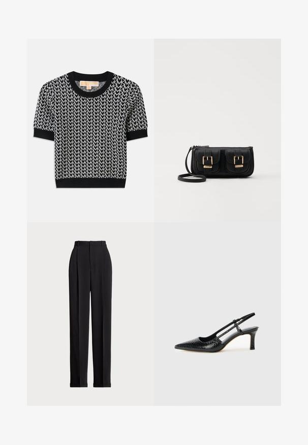 Czarna, krótko rękawowa sweter z wplecionym białym wzorem strzałek. Żebrowany dekolt i mankiety, dopasowana forma oraz miękka struktura.; Czarne dopasowane spodnie z wysokim stanem, z kantami z przodu, prostą nogawką i mankietem na dole. Wykonane z gładkiego materiału.; Czarne lakierowane czółenka na obcasie typu slingback z wąskim noskiem, z teksturowanym wzorem wężowym, regulowanym paskiem oraz krótkim, teksturowanym obcasem w kształcie słupka.; Czarna skórzana torba na ramię z dwoma przednimi kieszeniami, złotymi klamrami, zamkiem błyskawicznym i cienkim paskiem. Teksturowana powierzchnia i kompaktowy prostokątny kształt.