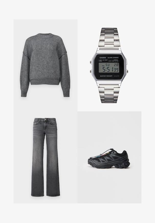 Grå strikket genser med rund hals, lange ermer og ribbestrikket kant. Har et teksturert stoff med en litt avslappet passform.; Mørkegrå jeans med rett ben og lett falming på lårene, samt standard femlommers design, mot en hvit bakgrunn.; Svart idrettssko med teksturert mesh-overdel, forsterket tå og hurtiglissesystem. Har en robust såle og lett hælheving.; Digital Casio klokke med svart skjerm, sølvfarget rustfritt stålarmbånd, rektangulært hus og knapper for lys, runde-nullstilling og modusjustering.