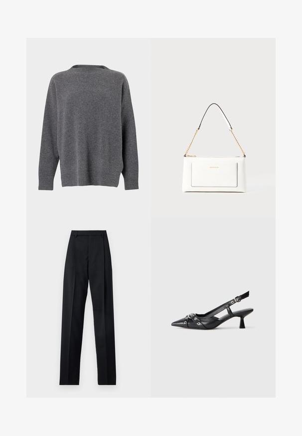 Tamsiai pilkas crewneck megztinis su ilgomis rankovėmis ir iškiliais rankogaliais, apvadu ir kaklu, pateiktas ant balto fono.; Juodos kelnės iš lygaus audinio, pasižyminčios aukštu liemeniu, plačiomis kojomis, priekinėmis klostėmis ir klasikiais diržo kilpomis. Šoninių kišenių nematyti.; Juodas odinis slingback tipo batai su smailiu priekiniu atvartu, dekoratyvinėmis sagtimis su metaliniais akyčiais ir žemu blokiniu kulnu. Saldus paviršius.; Balta odinė rankinė su tekstūruotu paviršiumi, turinti auksinį grandinėlės dirželį ir juodas detales. Įskaičiuota priekinė kišenė ir užtrauktuko uždarymas.