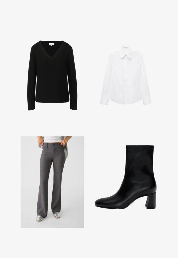 Čierny sveter s dlhými rukávmi a designom V-výstrihu, vyrobený z textúrovanej pleteniny. Obsahuje rovný lem a nenápadnú značkovú nálepku.; Biela košeľa s dlhým rukávom vyrobená z hladkej tkaniny, s ostrým golierom, zapínaním na gombíky a zaobleným lemom so bočnými rozparkami.; Svetločervené rozšírené nohavice vyrobené z textúrovaného materiálu, s dvojitým zapínaním a pútkami na opasok, skombinované s lesklými striebornými teniskami.; Čierne členkové topánky z hladkej kože. Majú štvorcový špičku, elastický vrch a masívny podpätok pre stabilitu. Minimalistický dizajn.