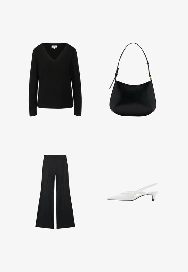 Schwarzer Pullover mit langen Ärmeln und V-Ausschnitt, hergestellt aus einem strukturierten Strickstoff. Verfügt über einen geraden Saum und ein dezentes Markenlabel.; Schwarze weit geschnittene Hose mit glatter Textur, ausgestattet mit Frontfalten und einem taillierten Design. Der Stoff ist leicht und fließend.; Weißer Slingback-Absatzschuh mit spitzer Zehenpartie, featuring ein glattes Obermaterial, subtile Ausschnitte und einen niedrigen Blockabsatz. Die schwarze Sohle betont das Design.; Schwarze Ledertasche mit schmalem Design, geschwungener Form und verstellbarem Griff. Verfügt über minimale Nähte und ein schlichtes Design.