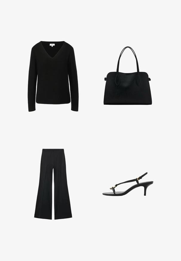 Čierny sveter s dlhými rukávmi a designom V-výstrihu, vyrobený z textúrovanej pleteniny. Obsahuje rovný lem a nenápadnú značkovú nálepku.; Čierne široké nohavice s hladkou textúrou, s prednými záhybmi a elegantným strihom. Materiál je ľahký a pruhlý.; Čierne kožené sandále na malom podpätku s tenkými pásikmi, zlatou prackou a minimalistickým prstovým pásikom na bielom pozadí.; Čierna kožená kabelka s dvojitými popruhmi na rameno, obdĺžnikový tvar a minimalistický dizajn na bielom pozadí.