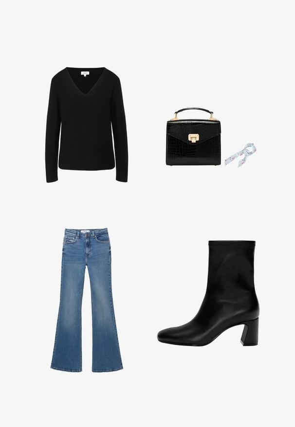 Sweater noir à manches longues avec un design en V, fait d'un tissu tricoté texturé. Présente un ourlet droit et une étiquette de marque discrète.; Jean en denim bleu évasés avec poches avant et arrière, passants de ceinture et fermeture à bouton, étalés à plat sur un fond blanc.; Botte noire à la cheville en cuir lisse. Possède un bout carré, un haut élastiqué et un talon épais pour la stabilité. Design minimaliste.; Sac à main noir en cuir crocodile avec quincaillerie dorée, de forme rectangulaire, avec une anse supérieure, et une écharpe décorative bleu clair avec des motifs floraux.