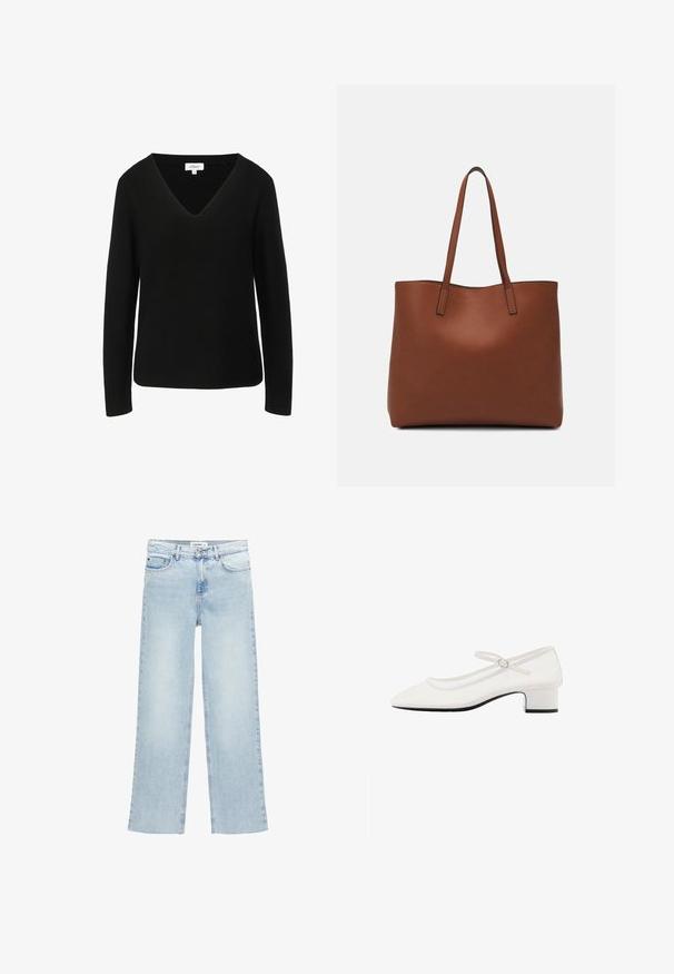 Mustat pitkät hihat -neulepusero, jossa on V-pääntie, valmistettu renkosteknisestä kankaasta. Ominaisuuksiin kuuluu suora helma ja huomaamaton brändilogo.; Vaaleansiniset leveälahkeiset farkut, joissa on korkea vyötärö, viisi taskua ja nappisuljenta. sisältää minimaalista ompelu- ja yksityiskohtaisuutta.; Valkoinen patenttinaahkainen Mary Jane -kengä, jossa on pyöreä kärki, keskikorkea paksu korko ja säädettävä hihna, jossa on hopeinen solki.; Ruskea nahkainen olkalaukku, jossa on sileä pinta, avoin yläosa ja kaksi olkahihnaa. Omaavat vain minimaalisen ompelun eikä näkyvää metalliosaa.