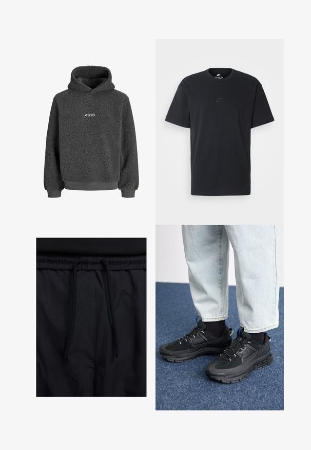 Hoodie en polaire grise avec une surface texturée, poche kangourou, et poignets et ourlet côtelés. Présente un petit logo blanc à l'avant.; T-shirt en coton noir Nike avec un col rond classique, des manches courtes et un logo embossé subtil sur la poitrine. Texture lisse.; Shorts noirs avec un élastique à cordon de serrage, en tissu léger avec une texture lisse, et un design simple sans logos ni motifs visibles.; Des chaussures de sport noires avec un tissu texturé et des semelles en caoutchouc, dotées de lacets élastiques et d'un accent bleu au talon. Portées avec un pantalon en denim clair.
