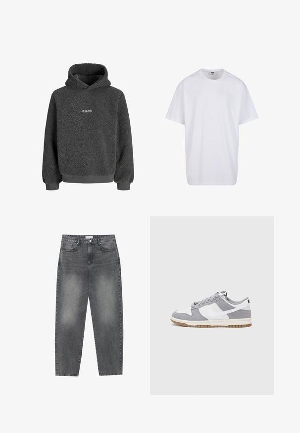 Gray fleece hoodie with a textured surface, kangaroo pocket, and ribbed cuffs and hem. Features a small white logo on the front.; White cotton t-shirt with short sleeves, rounded neckline, relaxed fit, and no visible logos or patterns. Smooth texture and minimal design.; High-waisted, loose-fitting jeans in faded black denim. Features five pockets, belt loops, and a clean, straight leg design.; Gray and white sneaker with a suede and leather upper, rounded toe, flat laces, and a rubber sole featuring a gum accent.