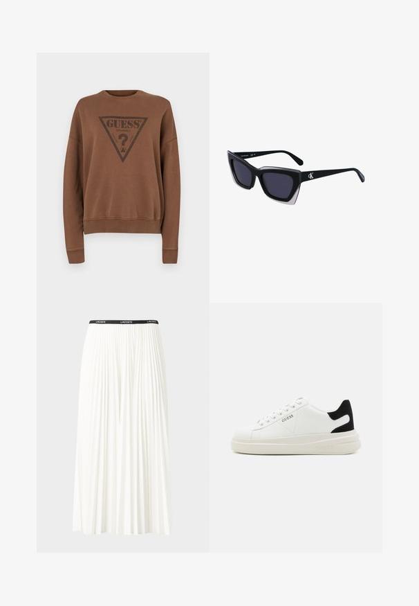 Rjav pulover z okroglim izrezom, ki ima velik črn trikotni logotip s tekstom "GUESS? ORIGINALS" na sredini in rebrastimi manšetami.; Gubasta bela krila z črnim elastičnim pasom, ki nosi logotip "LACOSTE". Srednje dolga zasnova z mehkobo tkanine.; Bele usnjene športne copate z debelim belim podplatom, črnimi semišnimi detajli na peti in utisnjenim logotipom na strani. Zavezovanje s šestimi luknjicami.; Črne prevelike sončne očala geometrijske oblike, z temnimi lečami in kontrastno sivo podrobnostjo na okvirju. Logo na ročaju.