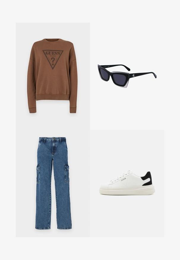 Sudadera marrón con cuello redondo, que presenta un gran logotipo de triángulo negro con el texto "GUESS? ORIGINALS" en el centro y puños acanalados.; Pantalones cargo de denim azul con un ajuste relajado, que cuentan con dos bolsillos laterales, costuras reforzadas y un diseño de pierna recta.; Zapatillas blancas de cuero con una suela blanca gruesa, acento en el talón de ante negro y logo grabado en el lateral. Diseño de cordones con seis ojales.; Gafas de sol negras de gran tamaño con una forma geométrica, que presentan lentes oscuros y un detalle gris contrastante en la montura. Logo en la pata.