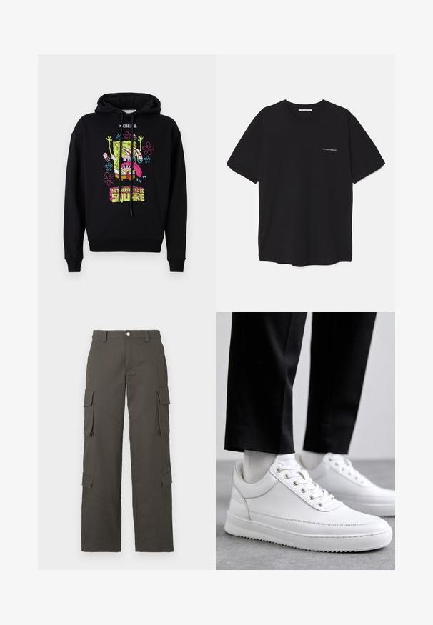 Svart hettegenser med et fargerikt grafisk trykk av en tegneseriefigur omgitt av blomster, med teksten "IKKE REDD FOR Å VÆRE FIRKANTET."; Svart bomull T-skjorte med rund hals, korte ermer, og hvit logo trykk på venstre bryst. Enkel, ensfarget design.; Mørkegrå cargo-bukser med rett ben, knappestengning og fire klaffelommer, to på lårene og to nær leggmusklene.; Hvite skinn-sneakers med flat gummi såle, med en glatt finish, rund tå og metalløye for snøring. Båret med svarte bukser.