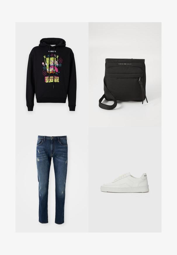 Svart hettegenser med et fargerikt grafisk trykk av en tegneseriefigur omgitt av blomster, med teksten "IKKE REDD FOR Å VÆRE FIRKANTET."; Mørkeblå denimjeans med slim fit, lett slitasje på lår og knær, klassisk fem-lomme-design og knappelukking.; Hvite lærersneakers med en jevn overflate, rund tå, flate lisser og en teksturert såle. Har en subtil logo på hælen.; Svart Emporio Armani crossover-veske med frontlomme med glidelås, justerbar stropp og logo-detalj på teksturert stoff.