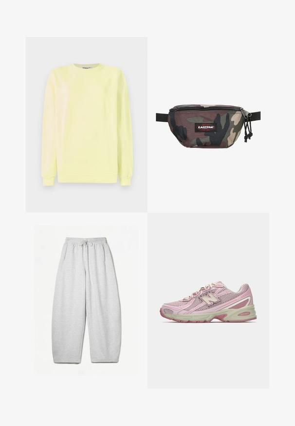 Light yellow sweatshirt made of cotton, featuring long sleeves, a round neck, and a ribbed hem. "STIEGLITZ" embossed on the front.; Light grey sweatpants with a relaxed fit, elastic waistband, drawstring, and side pockets; made from soft, textured fabric.; Pink and beige New Balance 740 sneaker with mesh and synthetic upper, lace-up closure, and cushioned sole shown in side profile.; Camouflage fanny pack made of durable fabric, featuring a zippered closure, adjustable strap, and a red Eastpak logo patch on the front.