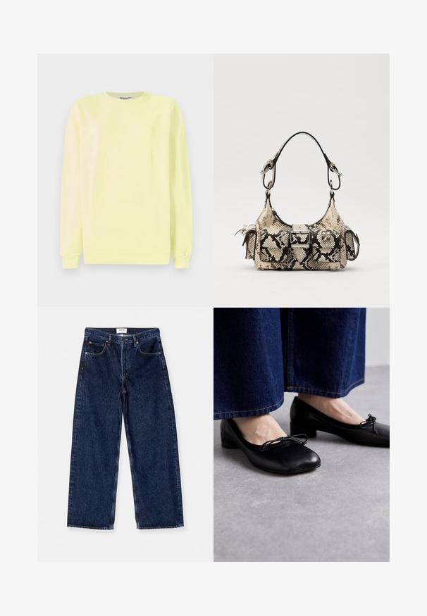 Kerge kollane puuvillane dressipluus, millel on pikad varrukad, ümmargune kaelus ja soonikuga äär. Esipaneelil on embosseeritud "STIEGLITZ".; Tumedat sinise denimi laiad jalad teksad, millel on kõrge vöökoht, ees olevad taskud ning sile tekstuur koos peente õmblusele rõhutamisega.; Mustad nahkjalanõud ruudukujulise toe ja väikese kontsaga, ees dekoratiivne lips. Kantud tumedate teksapükstega.; Pruuni ja musta värvi nahkjeskott, millel on struktureeritud kuju, pandla detail ja kaks õlarihma. Tekstureeritud pind.