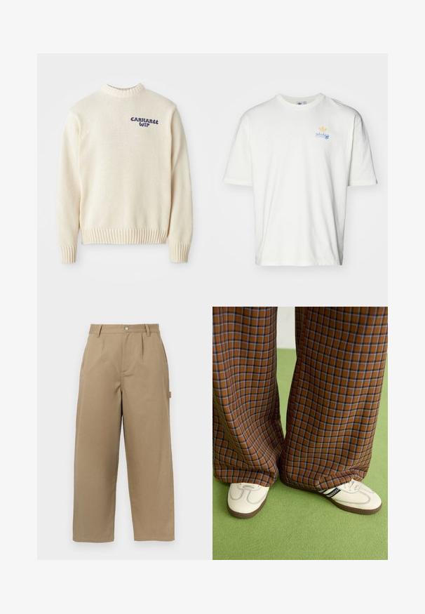 Krém színű kötött pulóver kerek nyakkal, bordás mandzsetta és alj, elöl kék "Carhartt WIP" logóval. Texturált anyag.; Fehér pamut póló, kerek nyakkal, rövid ujjú, kék írásos "adidas" felirattal és sárga trefoil logóval a mellrészen.; Bézs színű, bő szabású nadrág pamutkeverékből, magas derékkal, elöl pliszírozással és két oldalsó zsebbel, amelyek gombbal záródnak.; Barna és kék kockás, bőrt lábú nadrág, fehér cipővel, fekete részletekkel és texturált talppal, zöld háttér előtt.