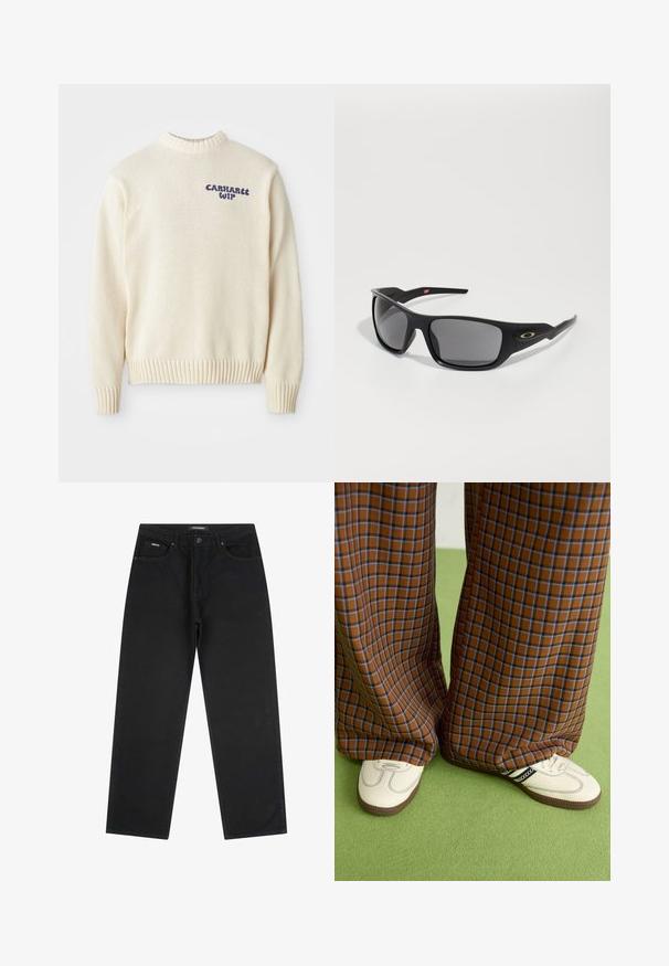 Sweater tricotado creme com decote redondo, punhos e barra canelados, apresentando o logotipo azul "Carhartt WIP" na parte da frente. Tecido texturizado.; Jeans pretos de perna reta com botão e fecho na frente, passantes para cinto e design de cinco bolsos, deitados sobre um fundo branco.; Calças largas em padrão xadrez castanho e azul, combinadas com sapatos brancos com detalhes pretos e solas texturizadas, contra um fundo verde.; Óculos de sol pretos com forma retangular, feitos de plástico durável, com lentes cinzas e um detalhe dourado na lateral.